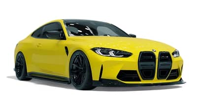 Front side angle of yellow BMW G82 M4 on display
