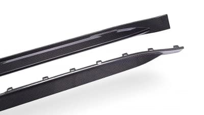 Angle View of BMW M4 G82/G83 Dry Carbon Fibre Side Skirts - OEM Style - Mounting Tabs Visible