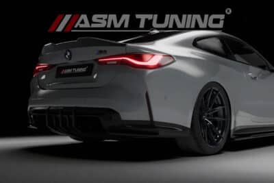 Carbon fibre rear diffuser for BMW M3 G80 and M4 G82 – ASM Tuning dry or prepreg aero design with aggressive fins and high-speed airflow testing
